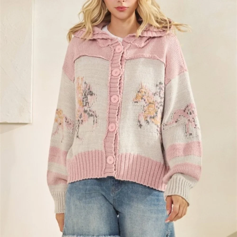 Cozy Horse Western Graphic Wide Collar Button Down Cardigan - Picture 3 of 8